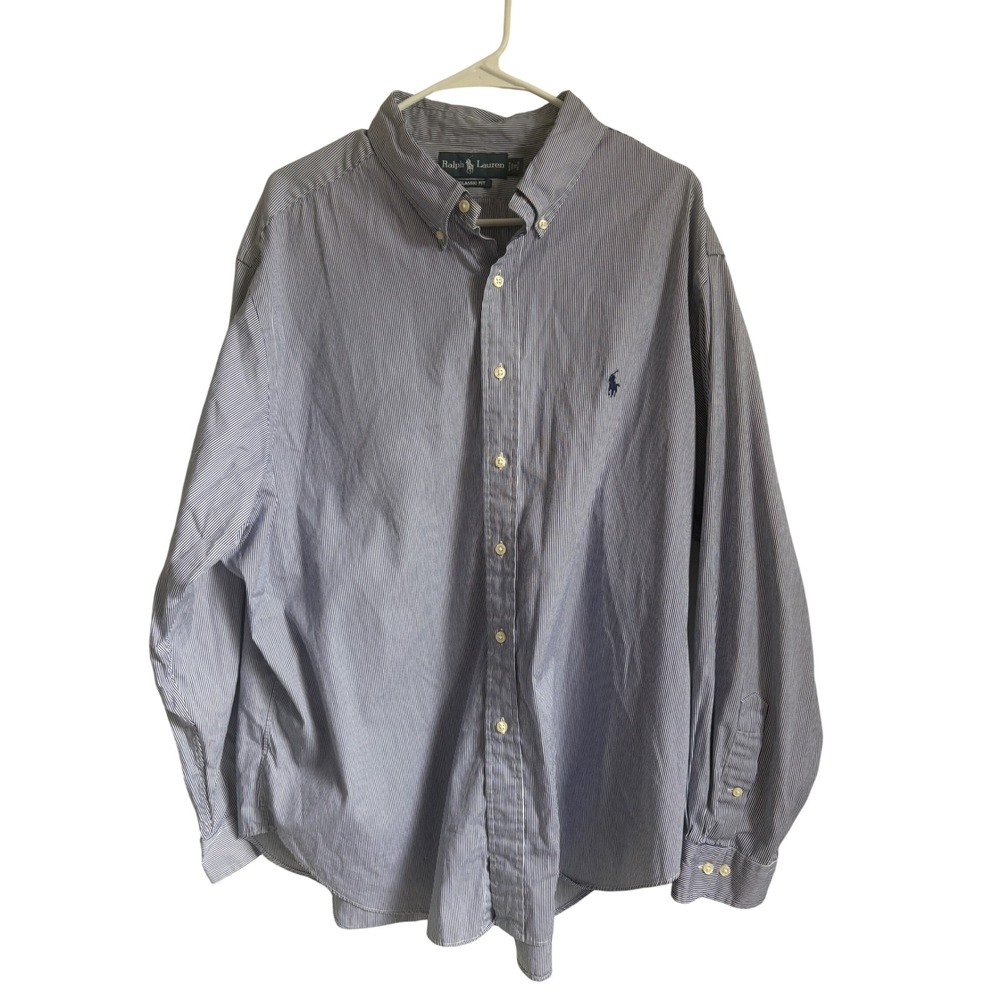 Ralph Lauren Classic Fit Blue White Striped Button Down Shirt Mens 18 34/35